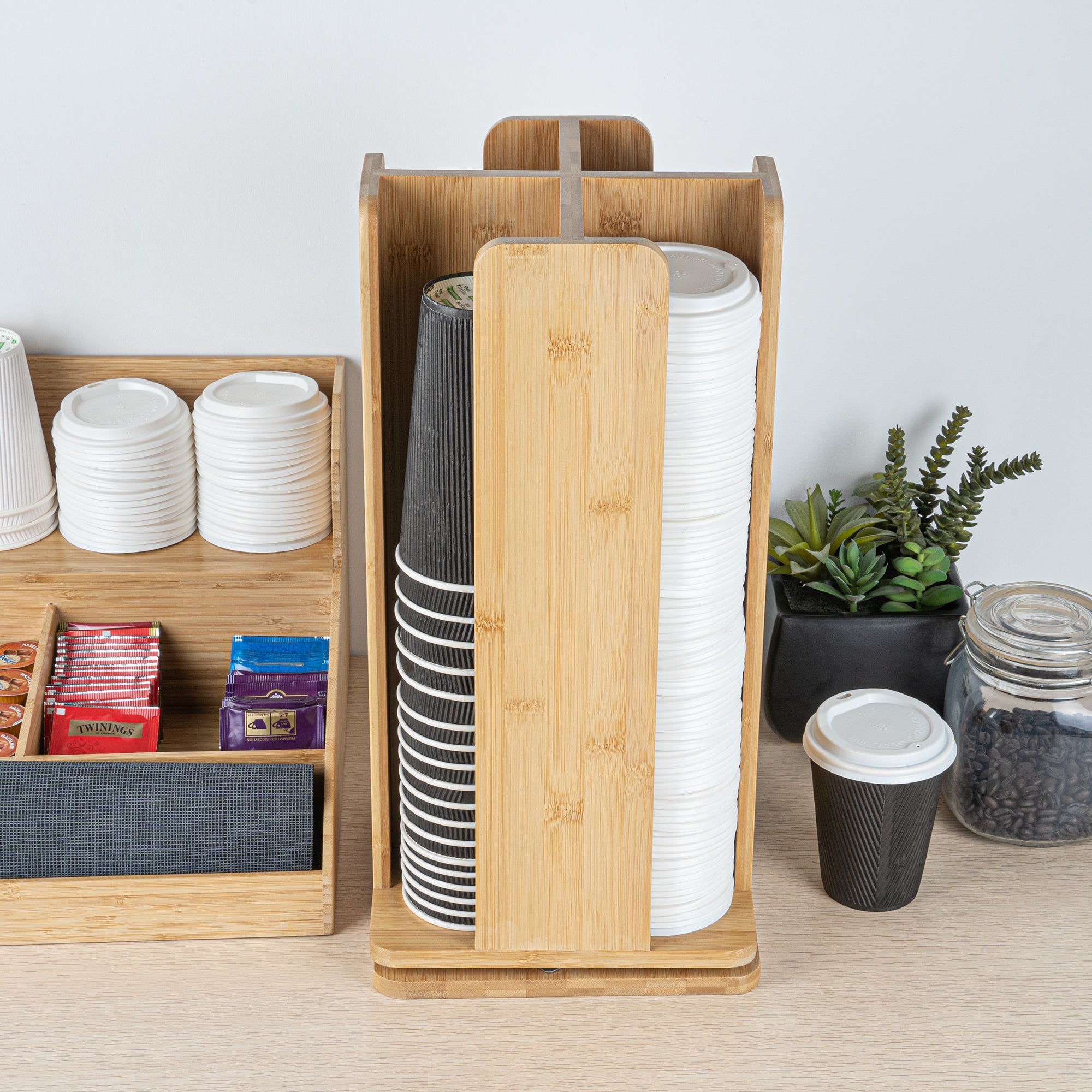 Restpresso Natural Bamboo Coffee Cup / Lid Organizer - 4 Section, Revolving - 9" x 9" x 18" - 1 count box