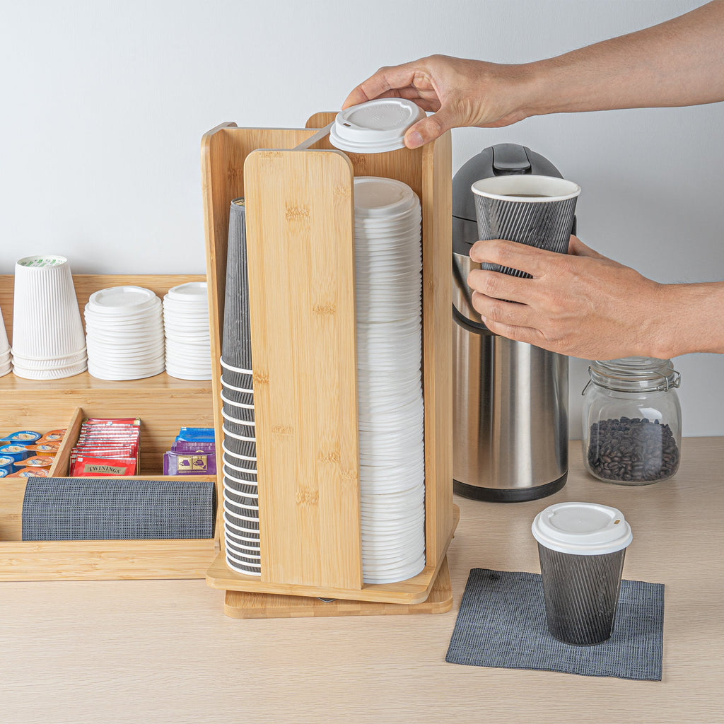 Restpresso Natural Bamboo Coffee Cup / Lid Organizer - 4 Section, Revolving - 9" x 9" x 18" - 1 count box