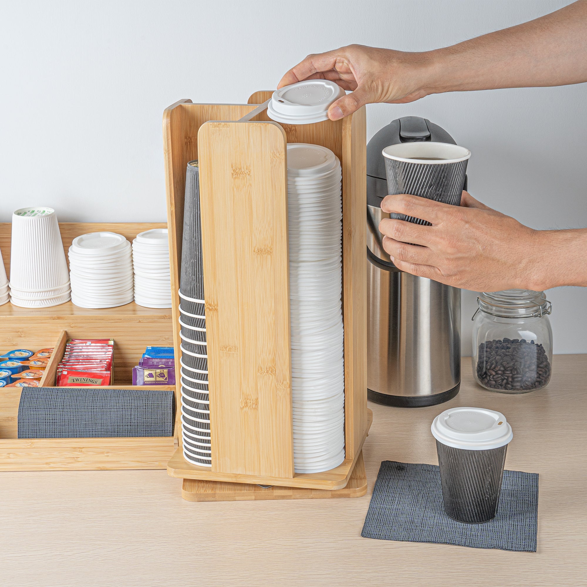 Restpresso Natural Bamboo Coffee Cup / Lid Organizer - 4 Section, Revolving - 9" x 9" x 18" - 1 count box
