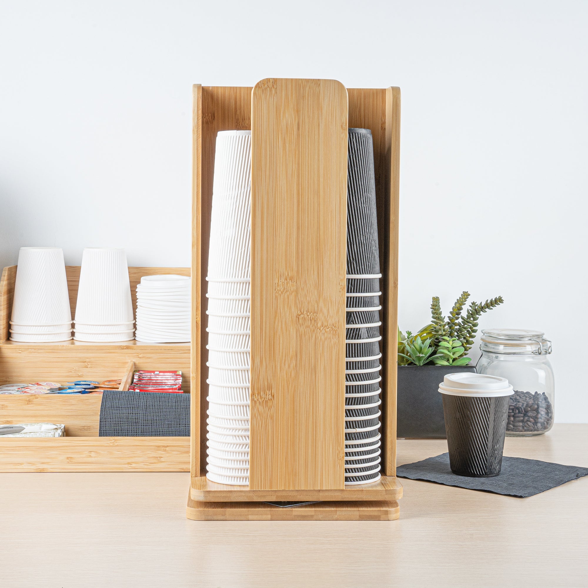Restpresso Natural Bamboo Coffee Cup / Lid Organizer - 4 Section, Revolving - 9" x 9" x 18" - 1 count box