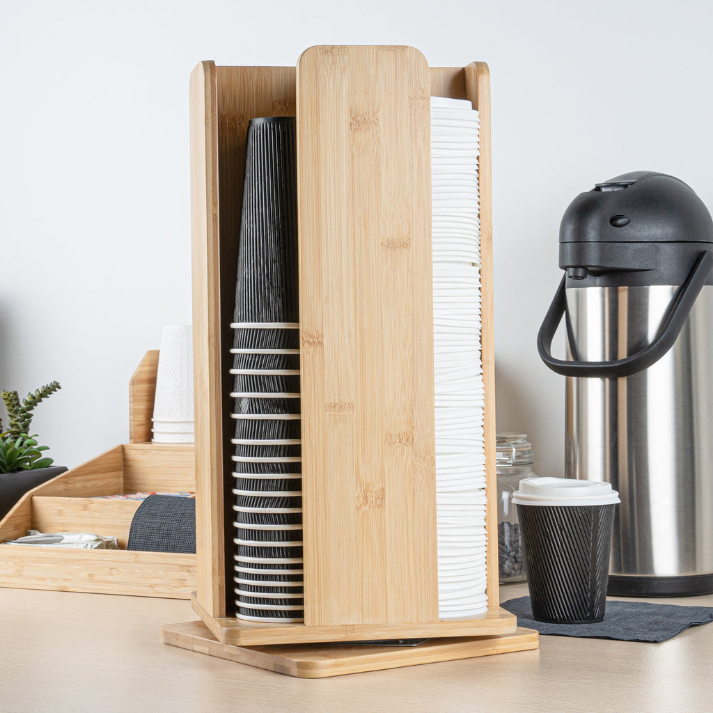 Restpresso Natural Bamboo Coffee Cup / Lid Organizer - 4 Section, Revolving - 9" x 9" x 18" - 1 count box
