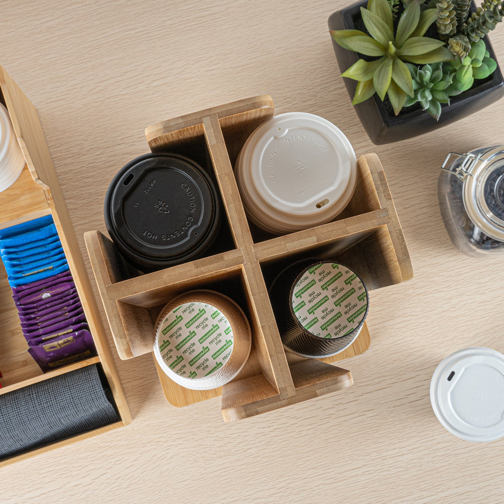 Restpresso Natural Bamboo Coffee Cup / Lid Organizer - 4 Section, Revolving - 9" x 9" x 18" - 1 count box