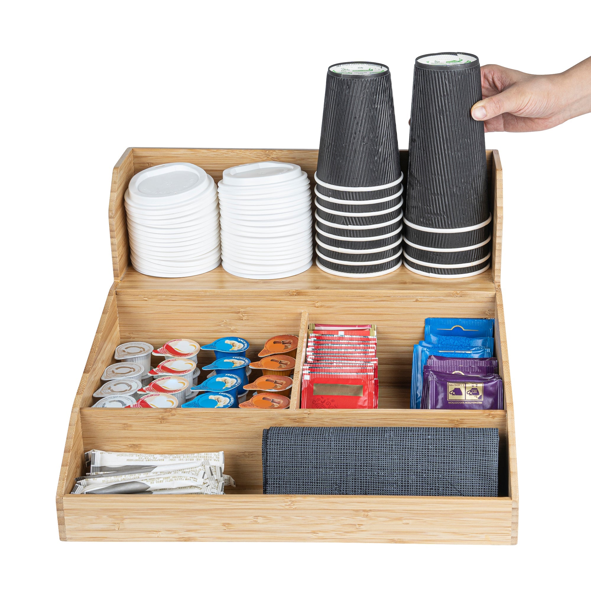 Restpresso Natural Bamboo Condiment / Coffee Cup / Lid Organizer - 15" x 14 1/4" x 9 1/4" - 1 count box