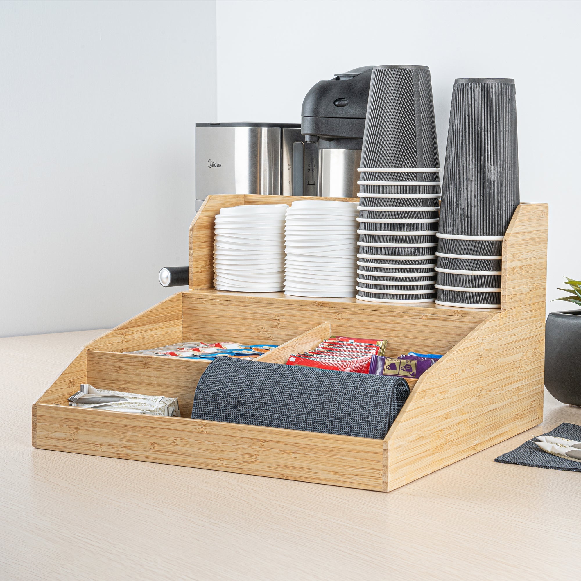 Restpresso Natural Bamboo Condiment / Coffee Cup / Lid Organizer - 15" x 14 1/4" x 9 1/4" - 1 count box