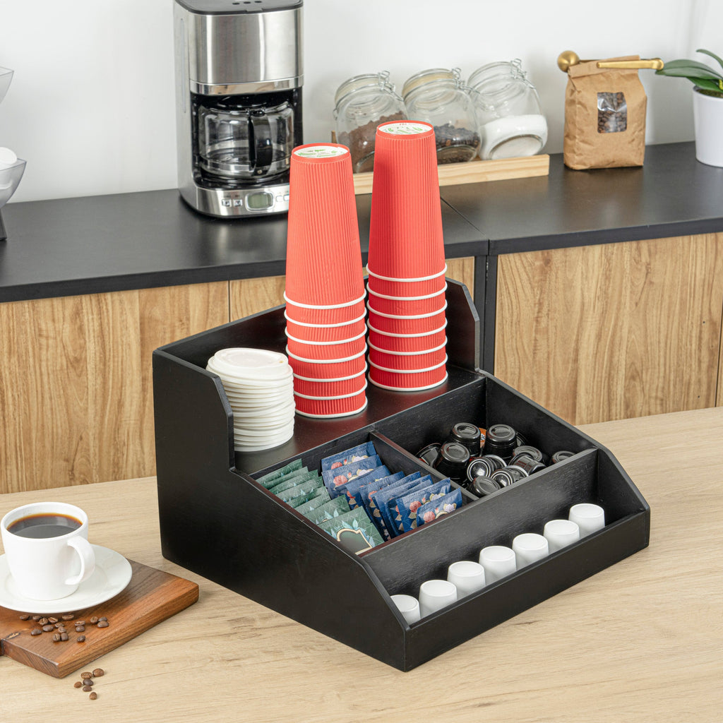 Restpresso Black Bamboo Condiment / Coffee Cup / Lid Organizer - 15" x 14 1/4" x 9 1/4" - 1 count box