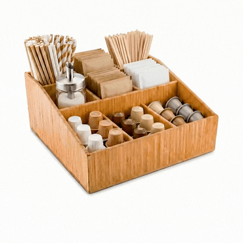 Bambuddha Square Natural Bamboo Condiment Organizer - 9 Compartments - 11 3/4" x 11 3/4" x 5 1/2" - 1 count box