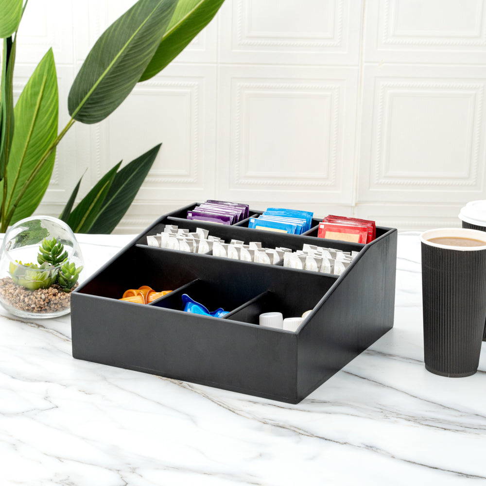 Bambuddha Square Black Bamboo Condiment Organizer - 9 Compartments - 11 3/4" x 11 3/4" x 5 1/2" - 1 count box