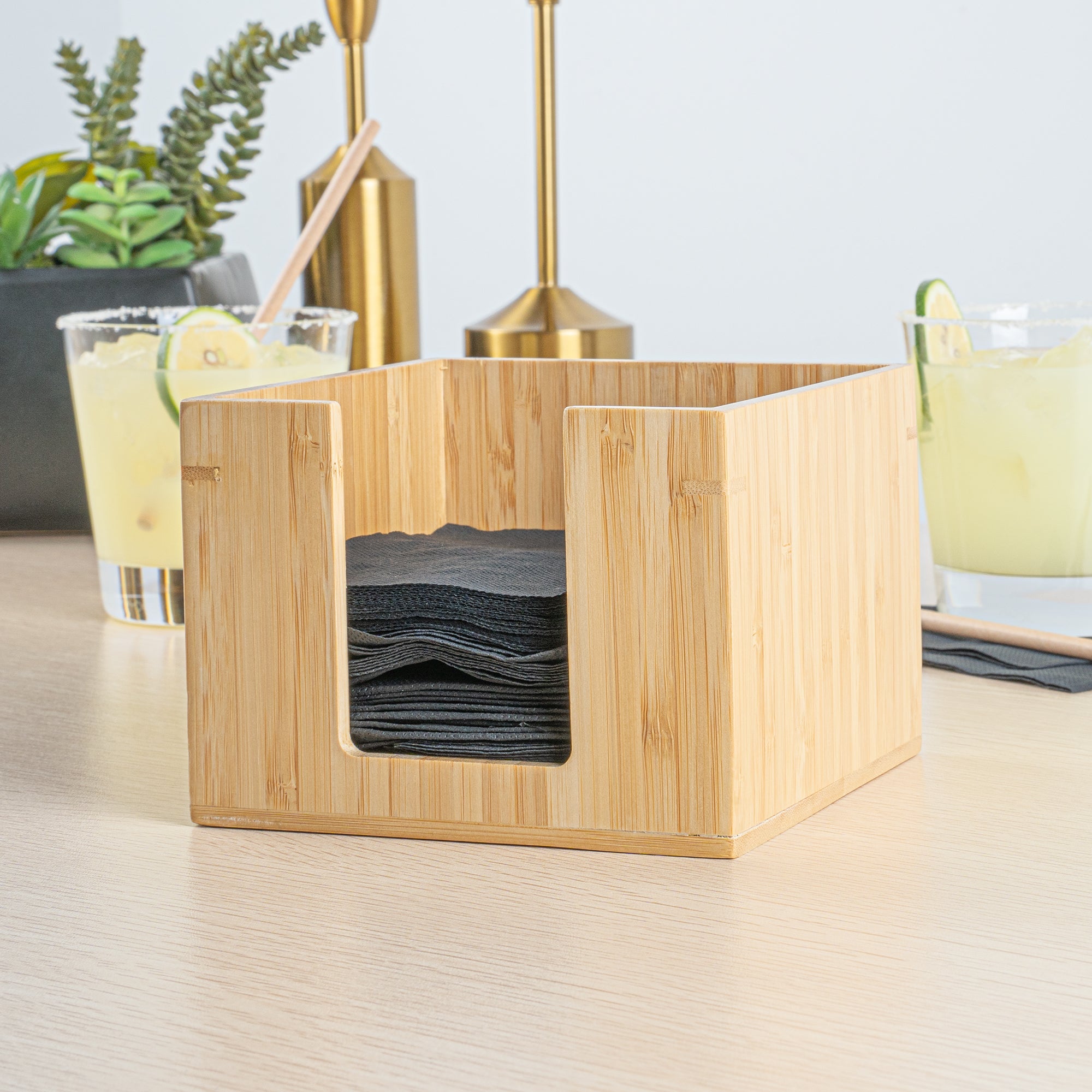Nature Tek Square Natural Bamboo Cocktail Napkin Holder - 5 1/2" x 5 1/2" x 4" - 1 count box