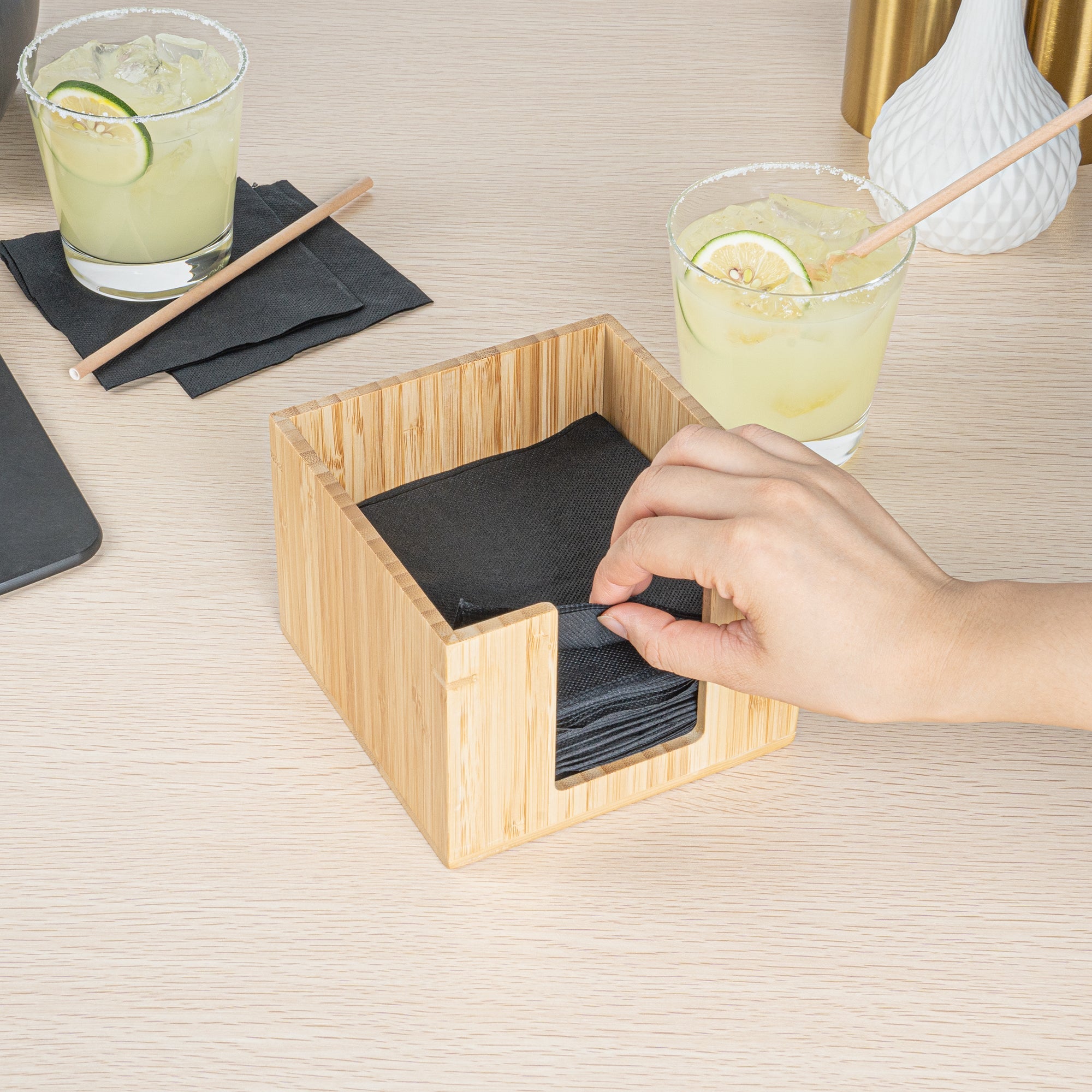Nature Tek Square Natural Bamboo Cocktail Napkin Holder - 5 1/2" x 5 1/2" x 4" - 1 count box
