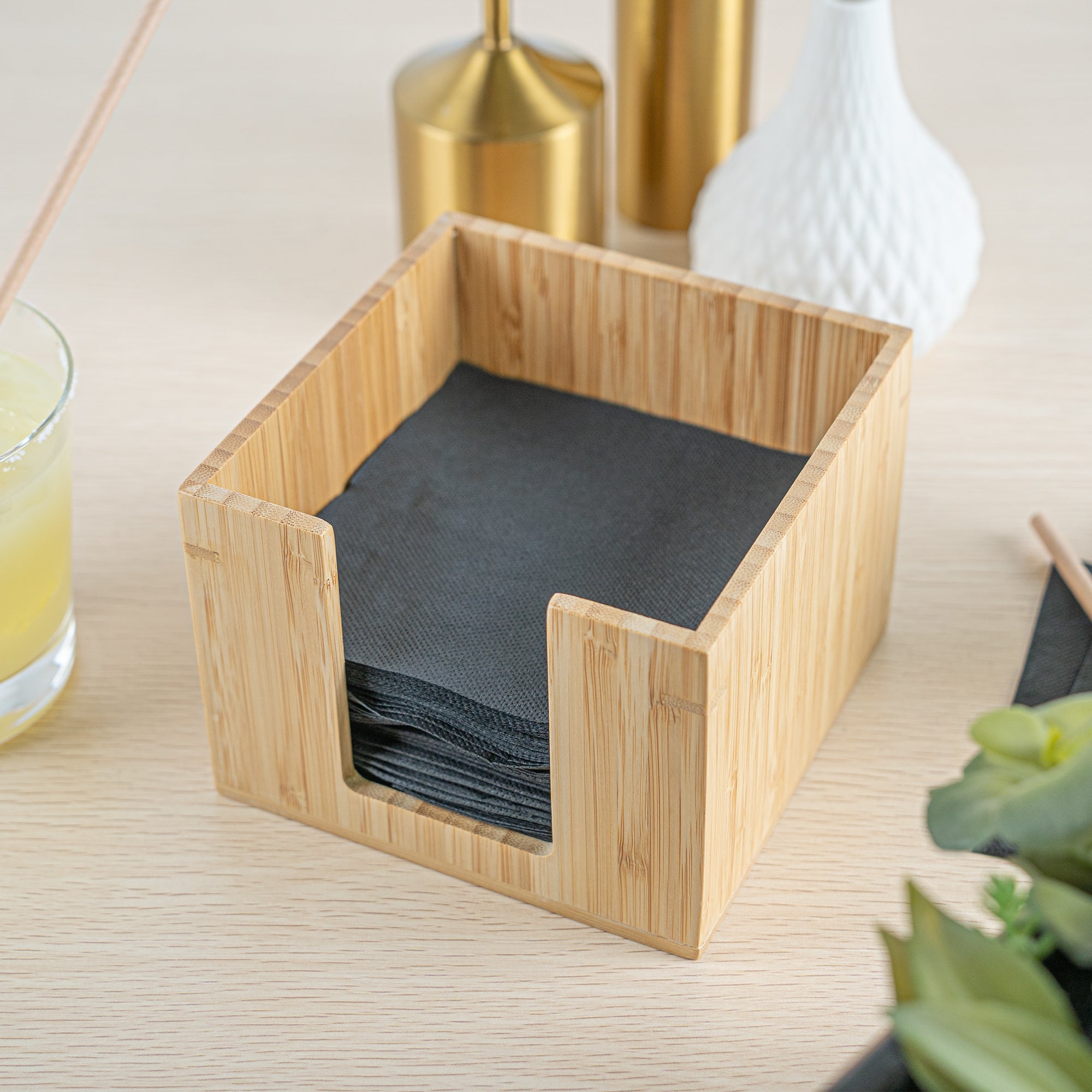 Nature Tek Square Natural Bamboo Cocktail Napkin Holder - 5 1/2" x 5 1/2" x 4" - 1 count box