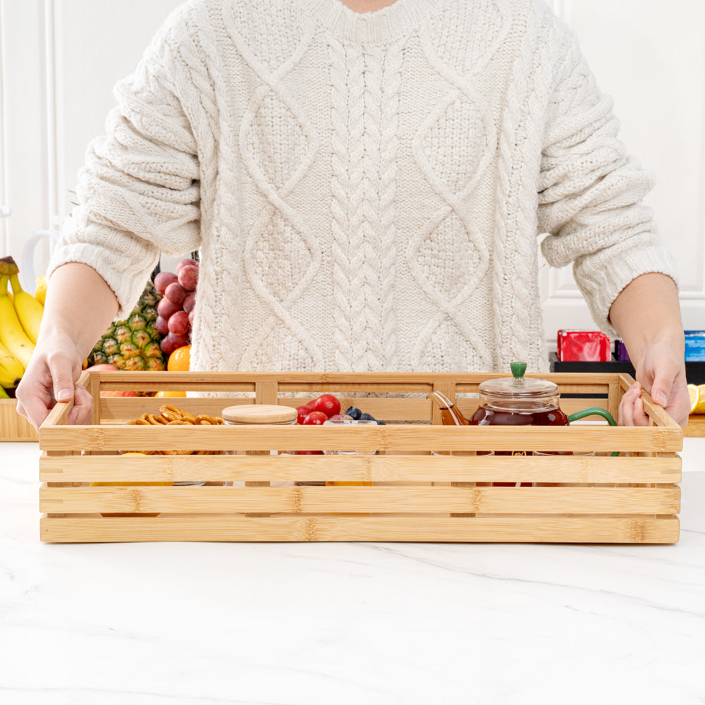 Nature Tek Rectangle Natural Bamboo Serving Tray - with Handles - 20 3/4" x 13" x 3 3/4" - 1 count box
