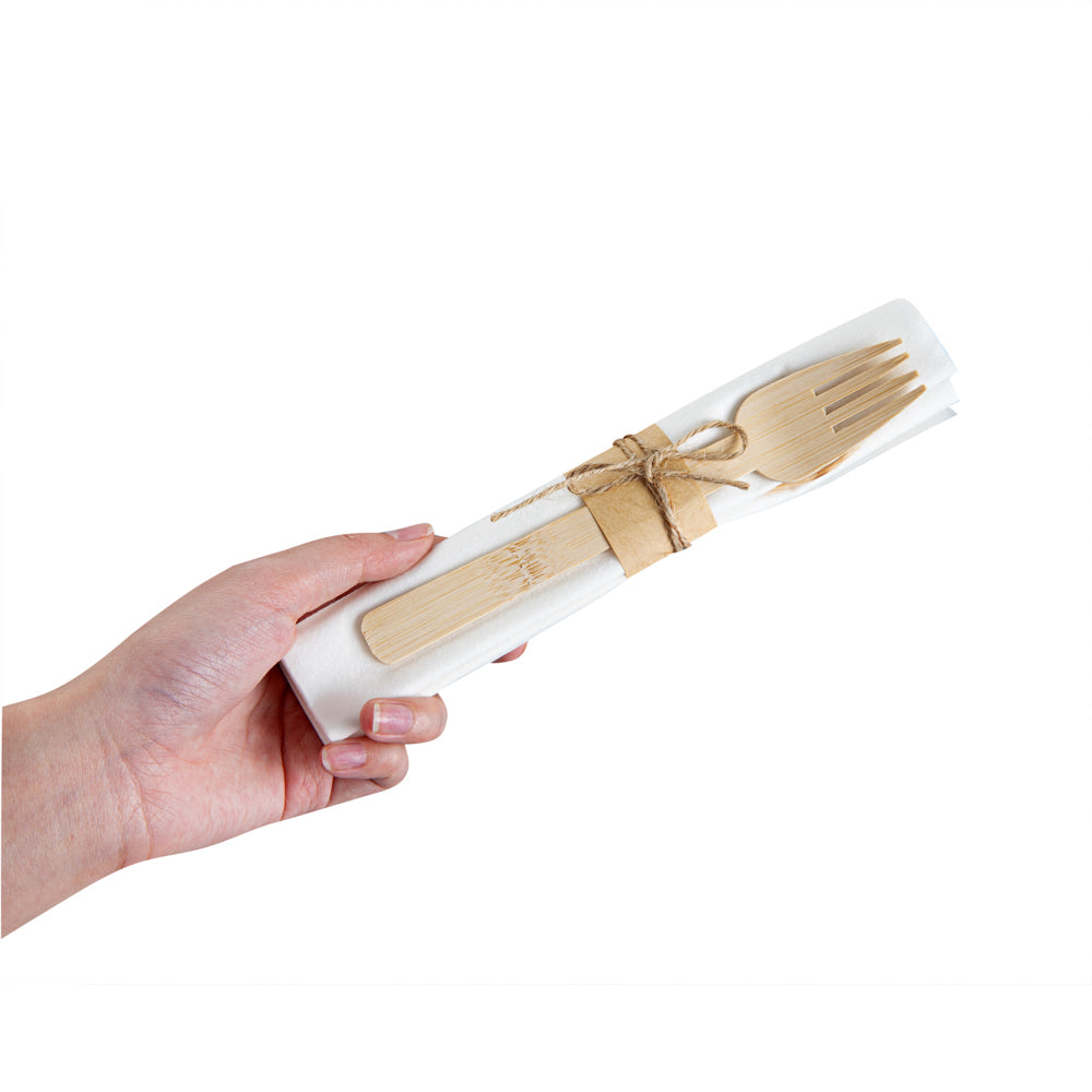 Natural Bamboo Flatware Set - with White Napkin - 6 3/4" x 3 1/4" x 3/4" - 100 count box