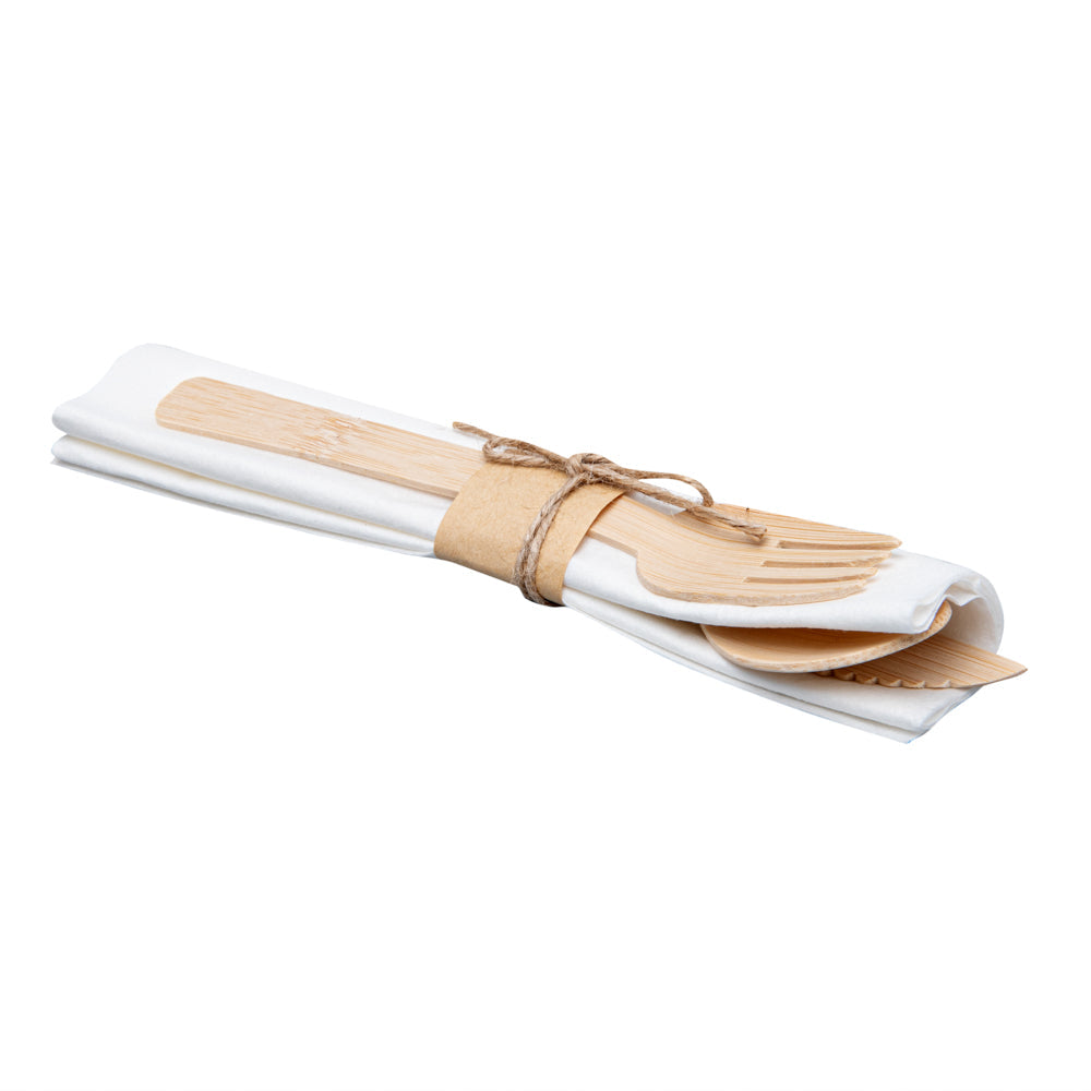 Natural Bamboo Flatware Set - with White Napkin - 6 3/4" x 3 1/4" x 3/4" - 100 count box