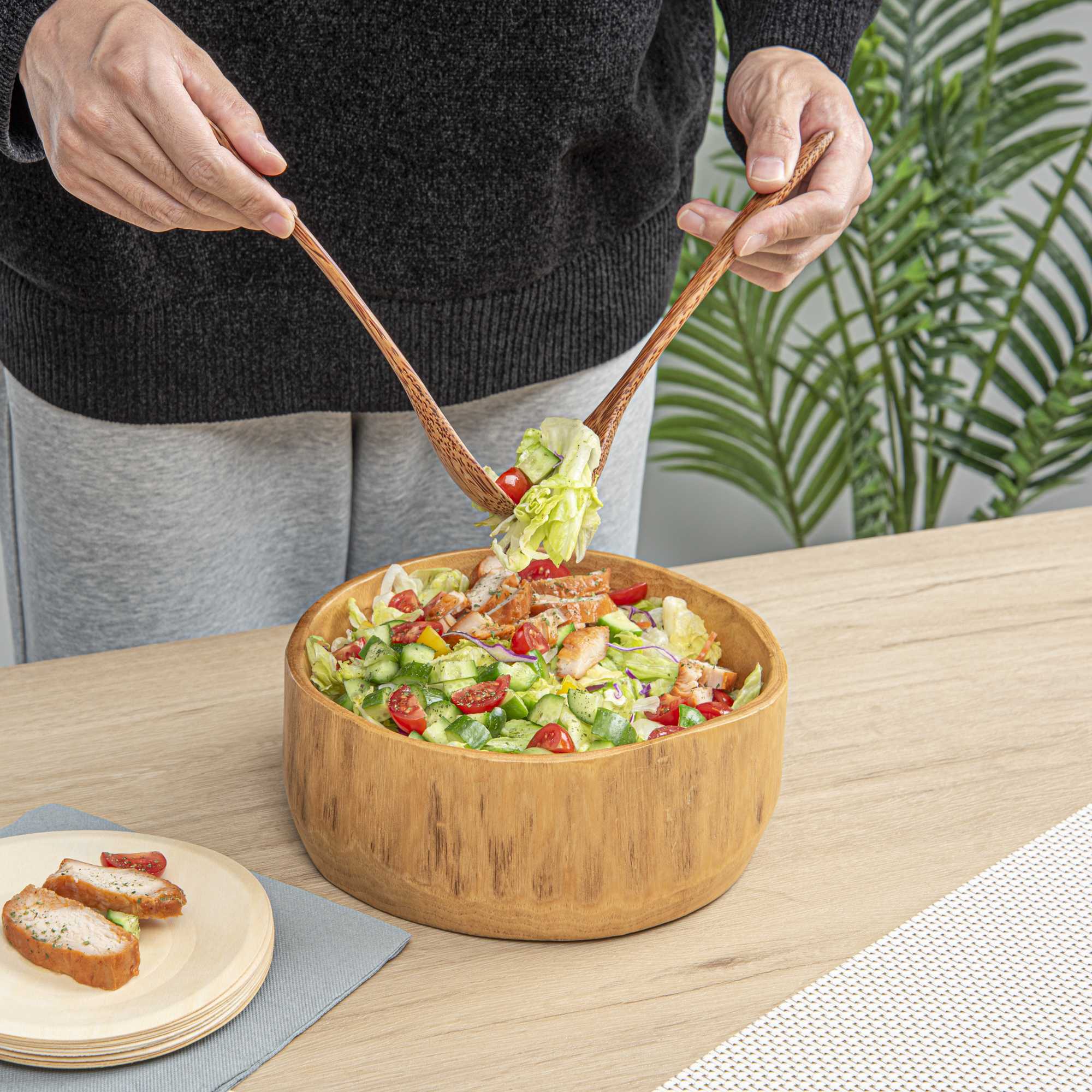 Nature Tek 64 oz Round Natural Wood Serving Bowl - 9 1/4" x 8 1/4" x 3 1/2" - 1 count box