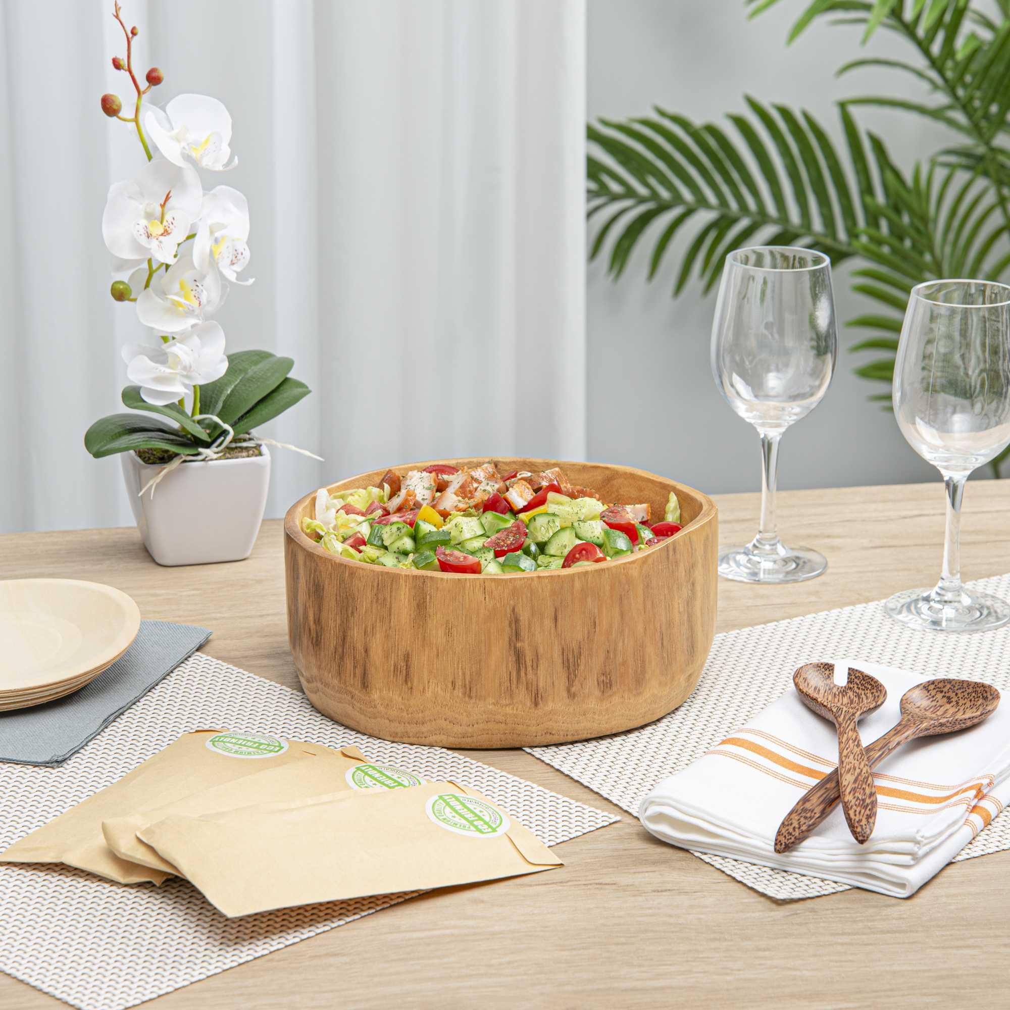 Nature Tek 64 oz Round Natural Wood Serving Bowl - 9 1/4" x 8 1/4" x 3 1/2" - 1 count box