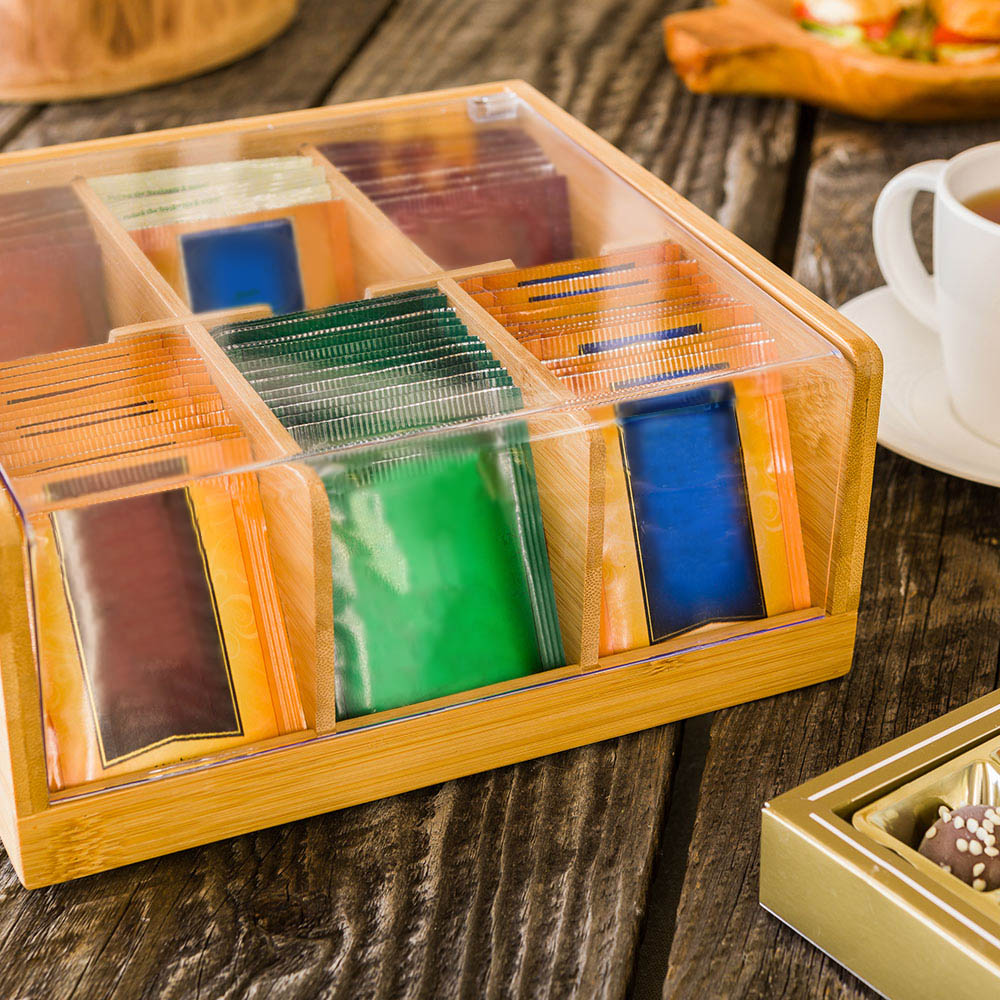 Restpresso Natural Bamboo Tea Organizer - 6 Compartments, with Plastic Cover - 8 1/2" x 8" x 3 1/2" - 1 count box