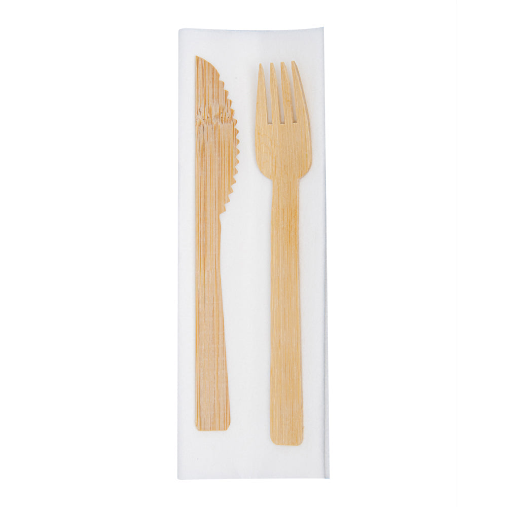 Bambuddha Natural Bamboo Fork / Knife Set - with White Napkin - 6 3/4" x 3 1/4" x 3/4" - 100 count box