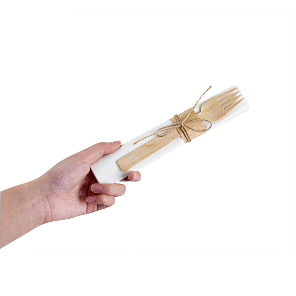Bambuddha Natural Bamboo Fork / Knife Set - with White Napkin - 6 3/4" x 3 1/4" x 3/4" - 100 count box