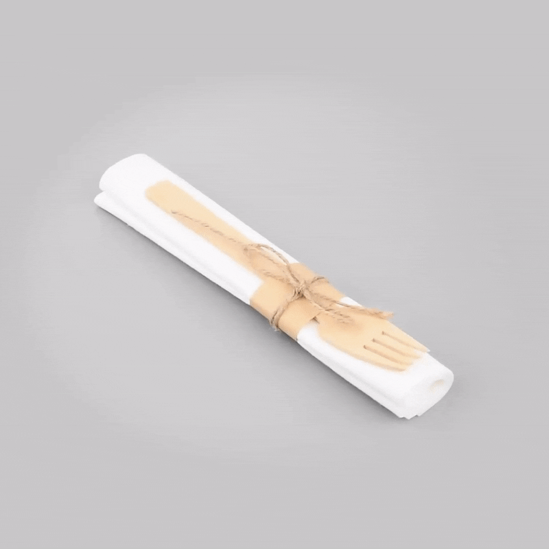 Bambuddha Natural Bamboo Fork / Knife Set - with White Napkin - 6 3/4" x 3 1/4" x 3/4" - 100 count box