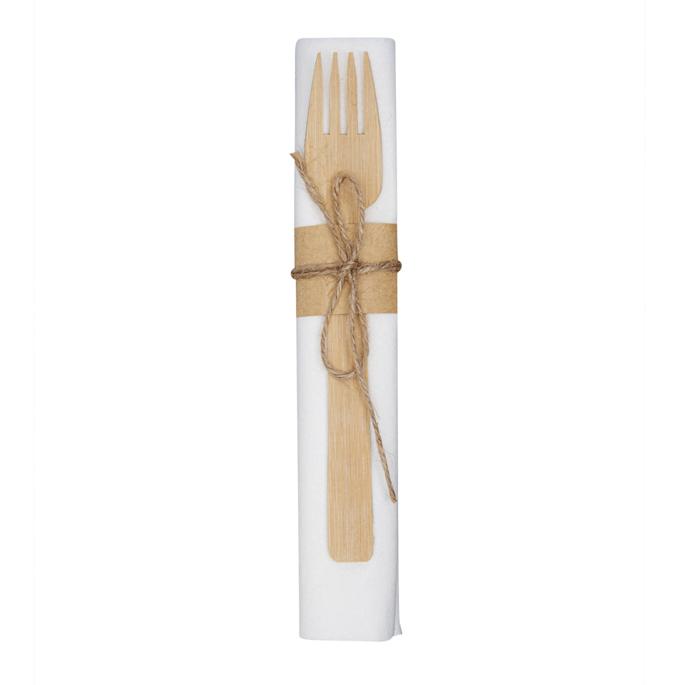 Bambuddha Natural Bamboo Fork / Knife Set - with White Napkin - 6 3/4" x 3 1/4" x 3/4" - 100 count box