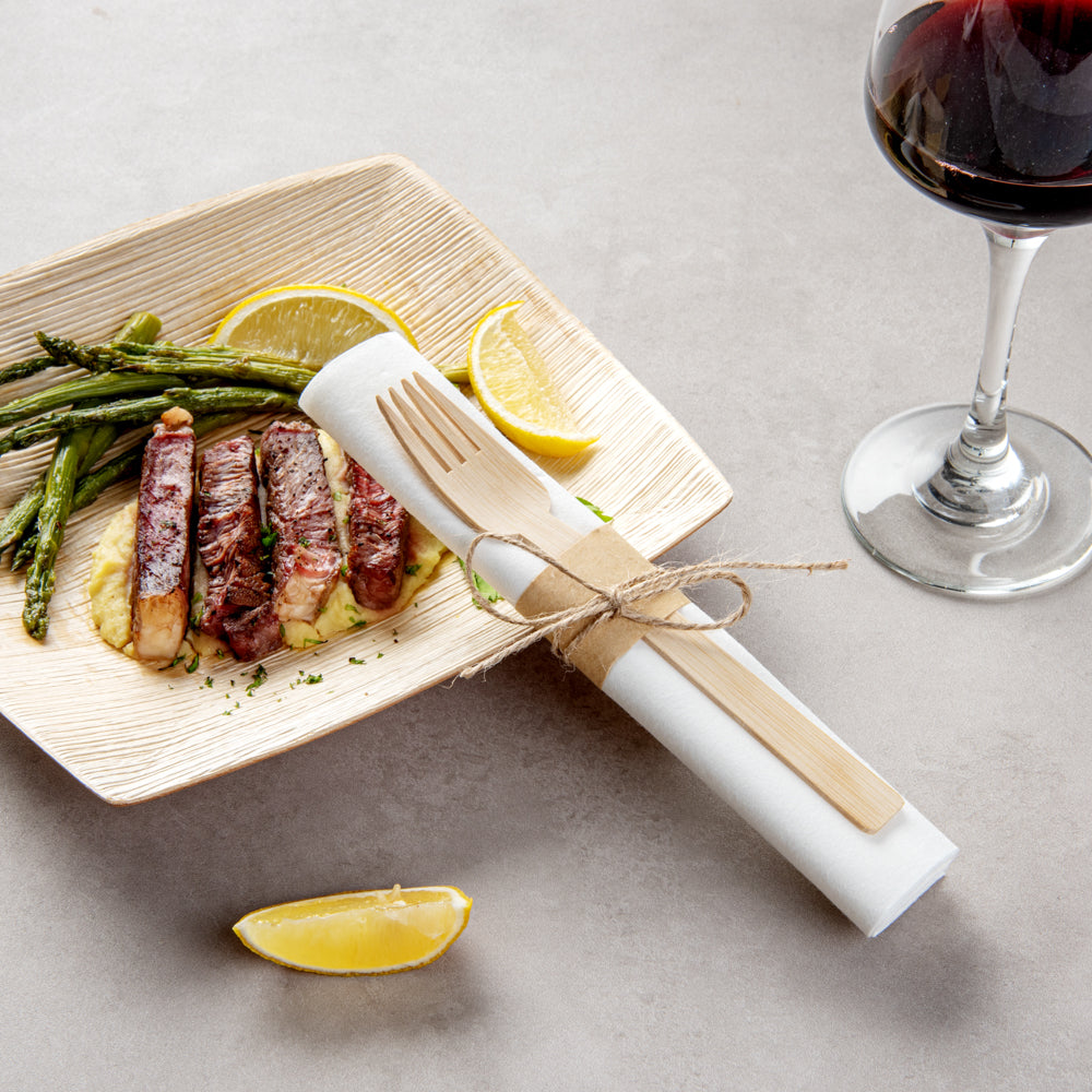 Bambuddha Natural Bamboo Fork / Knife Set - with White Napkin - 6 3/4" x 3 1/4" x 3/4" - 100 count box
