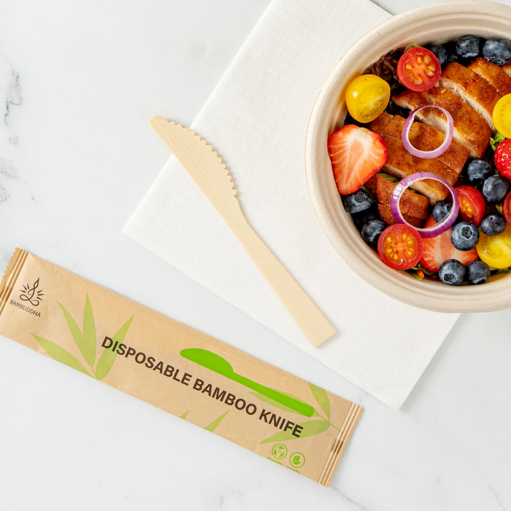Bambuddha Natural Bamboo Disposable Knife - with Kraft Paper Pouch - 7" x 3/4" - 1000 count box
