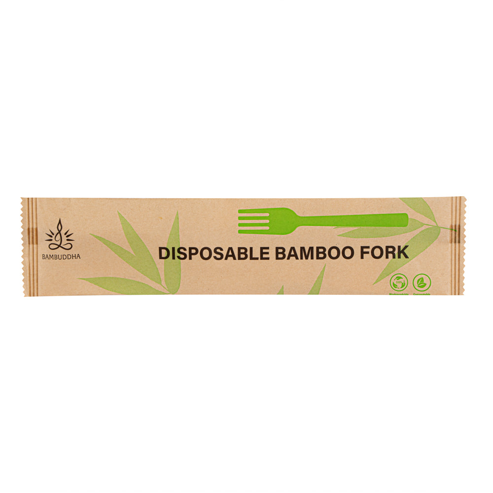 Bambuddha Natural Bamboo Disposable Fork - with Kraft Paper Pouch - 7" x 1" - 100 count box