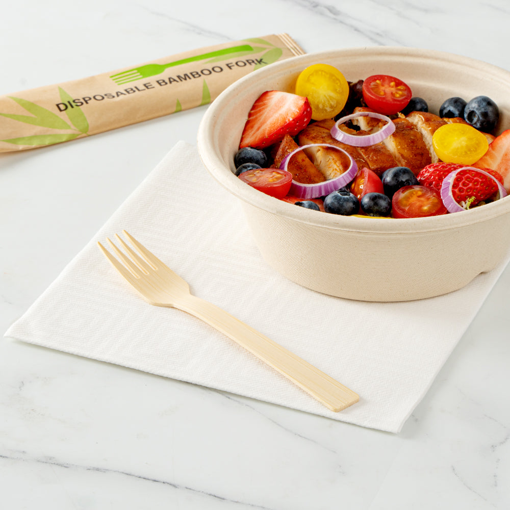 Bambuddha Natural Bamboo Disposable Fork - with Kraft Paper Pouch - 7" x 1" - 1000 count box