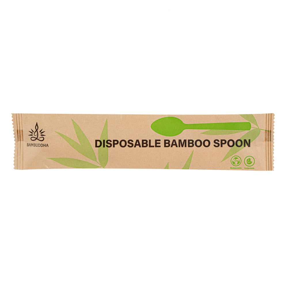 Bambuddha Natural Bamboo Disposable Spoon - with Kraft Paper Pouch - 7" x 1 1/4" - 1000 count box