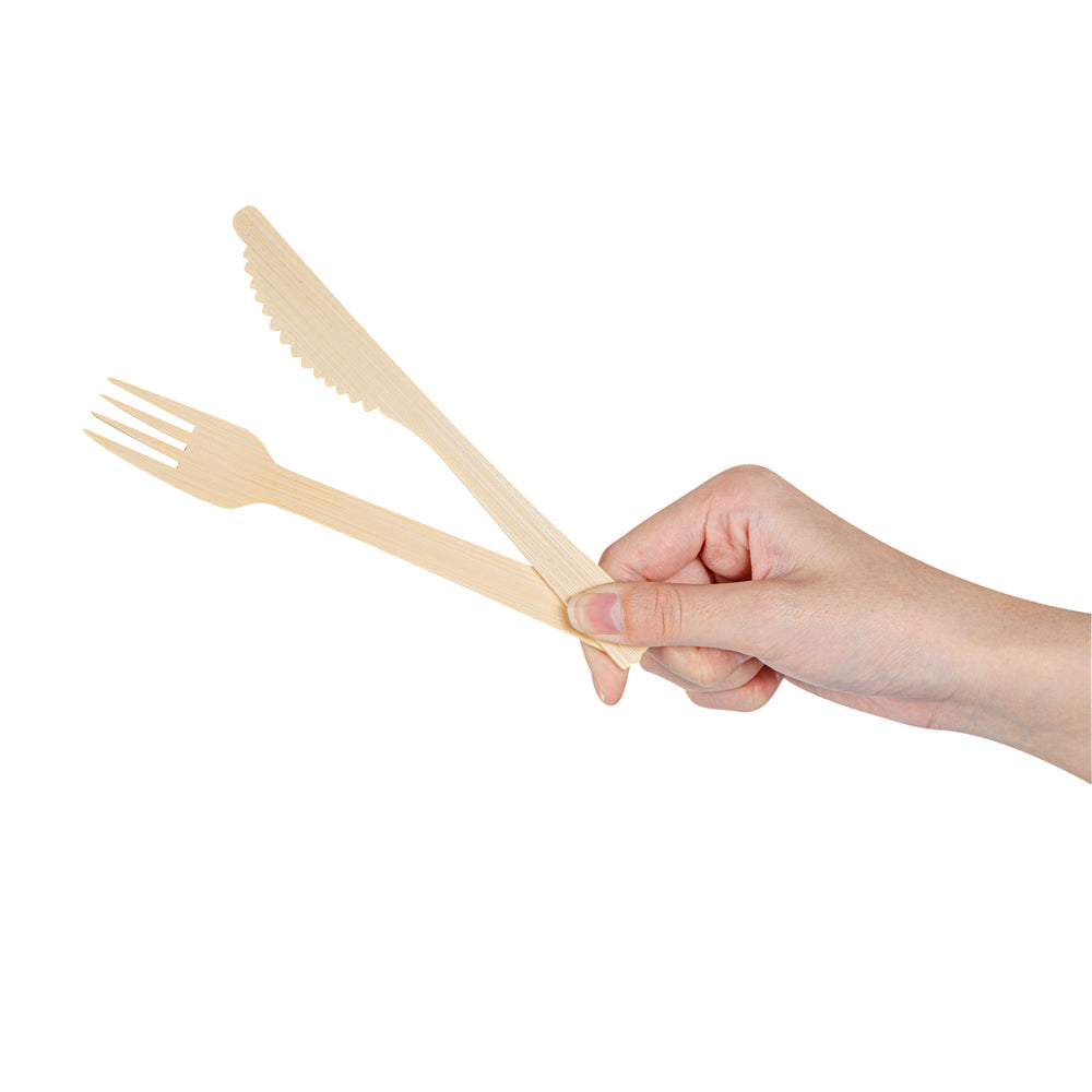 Bambuddha Natural Bamboo Disposable Fork / Knife Set - with White Napkin and Kraft Paper Pouch - 7" - 100 count box