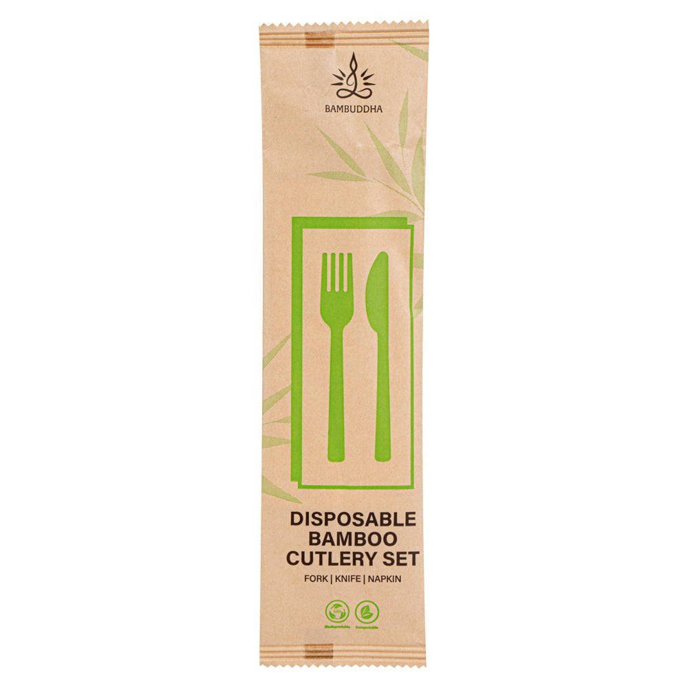 Bambuddha Natural Bamboo Disposable Fork / Knife Set - with White Napkin and Kraft Paper Pouch - 7" - 100 count box