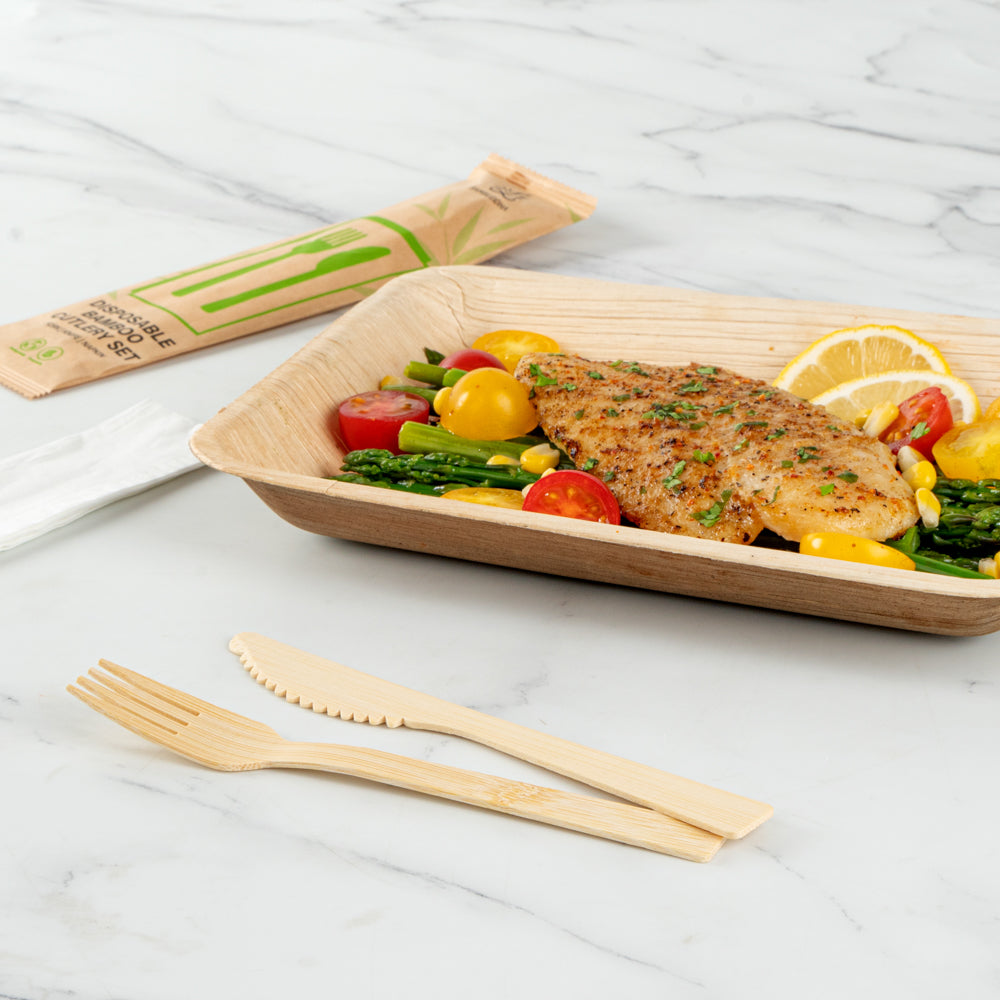 Bambuddha Natural Bamboo Disposable Fork / Knife Set - with White Napkin and Kraft Paper Pouch - 7" - 100 count box