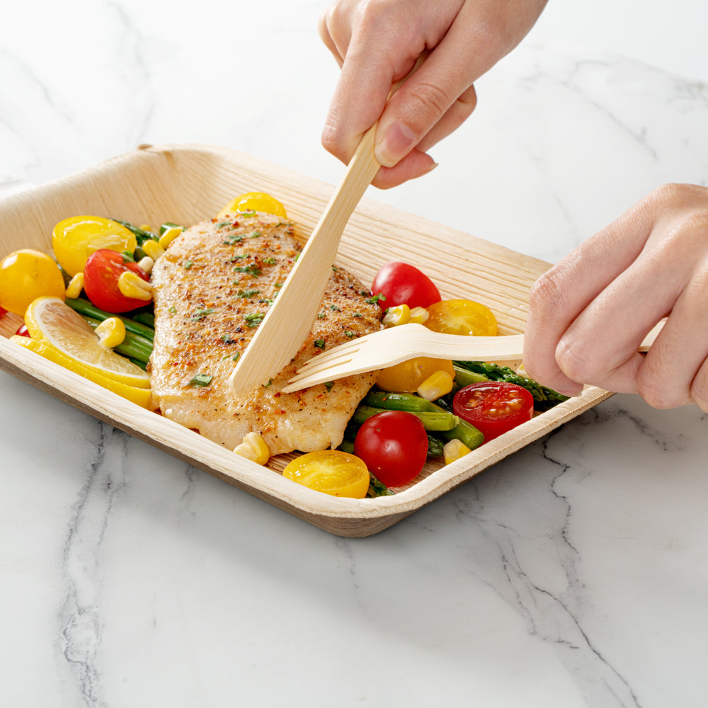 Bambuddha Natural Bamboo Disposable Fork / Knife Set - with White Napkin and Kraft Paper Pouch - 7" - 100 count box