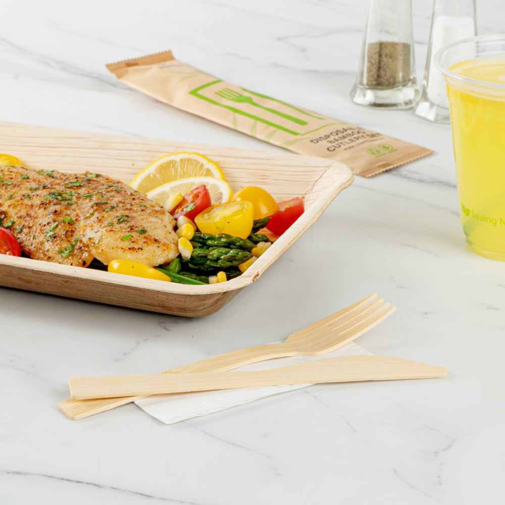 Bambuddha Natural Bamboo Disposable Fork / Knife Set - with White Napkin and Kraft Paper Pouch - 7" - 100 count box