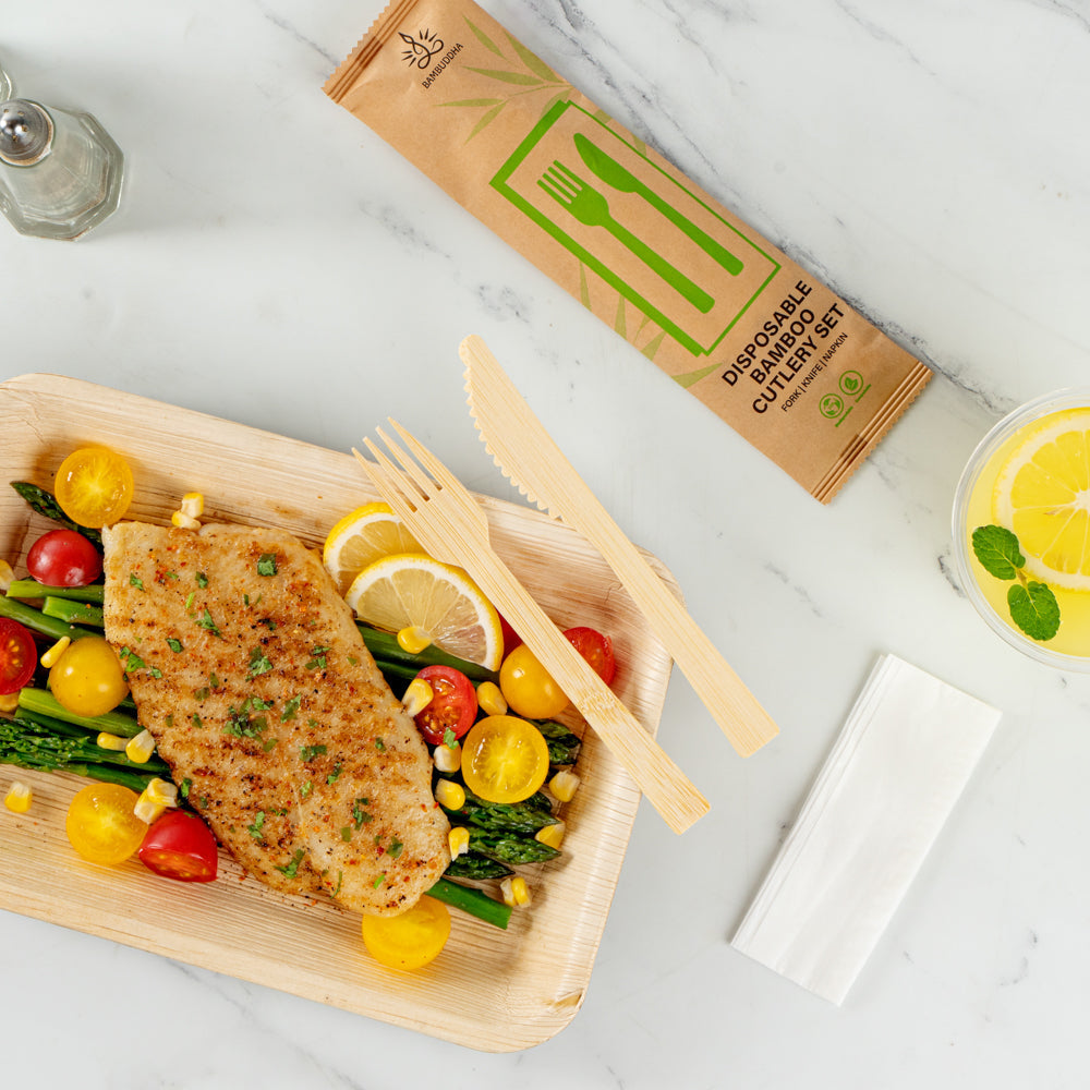 Bambuddha Natural Bamboo Disposable Fork / Knife Set - with White Napkin and Kraft Paper Pouch - 7" - 500 count box