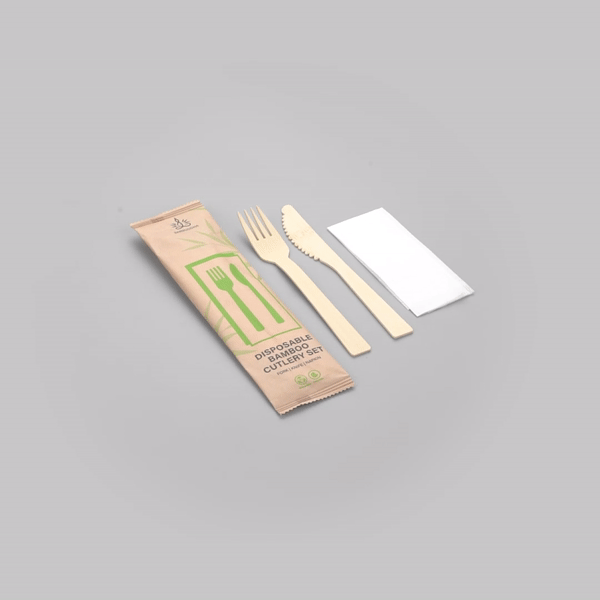 Bambuddha Natural Bamboo Disposable Fork / Knife Set - with White Napkin and Kraft Paper Pouch - 7" - 500 count box