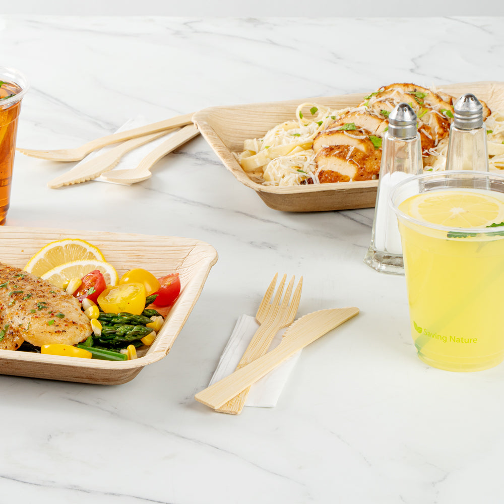 Bambuddha Natural Bamboo Disposable Fork / Knife Set - with White Napkin and Kraft Paper Pouch - 7" - 500 count box