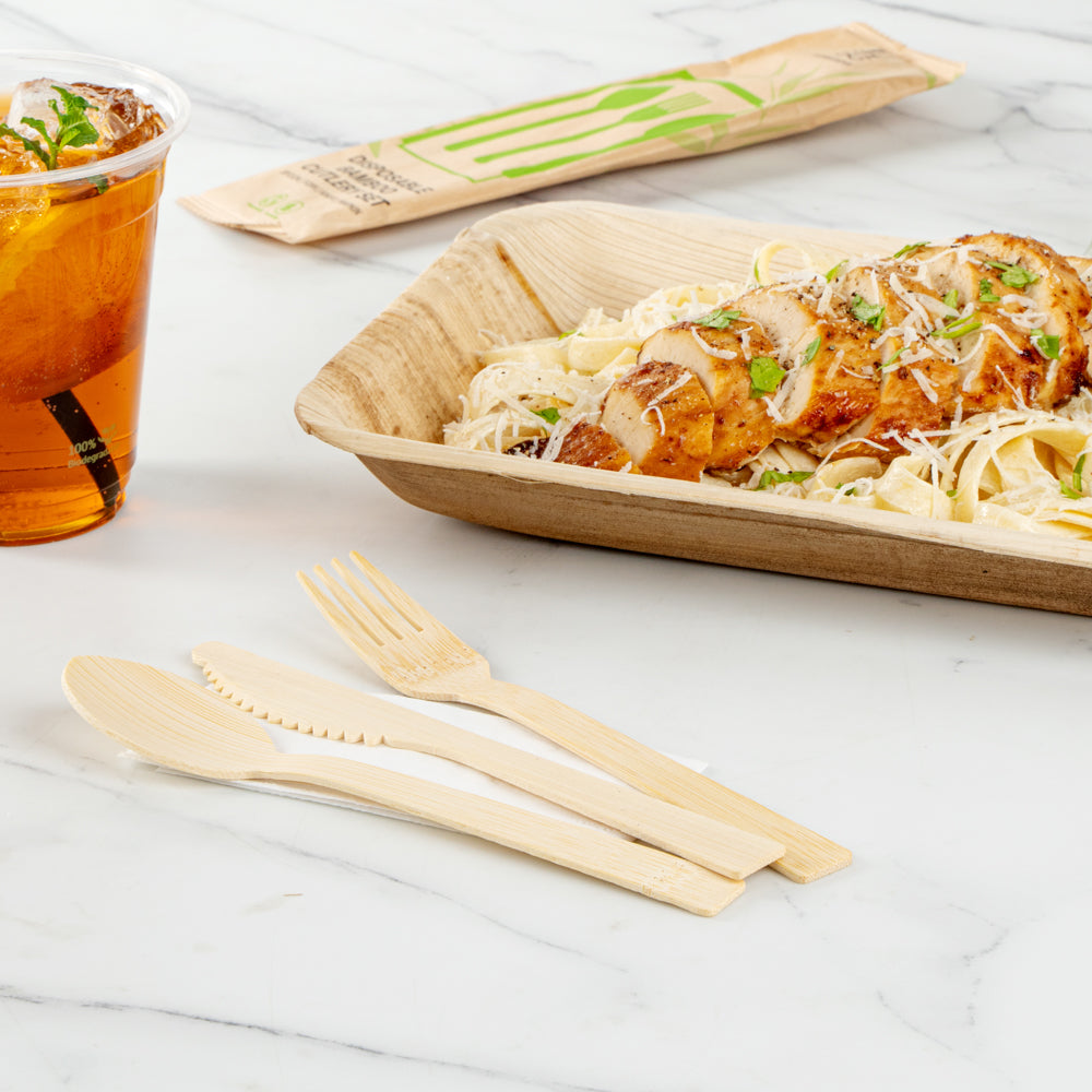 Bambuddha Natural Bamboo Disposable Cutlery Set - with White Napkin and Kraft Paper Pouch - 7" - 100 count box