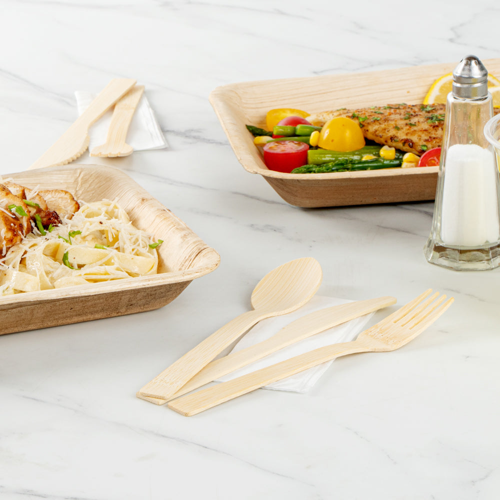 Bambuddha Natural Bamboo Disposable Cutlery Set - with White Napkin and Kraft Paper Pouch - 7" - 100 count box
