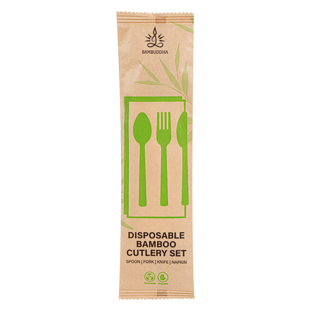 Bambuddha Natural Bamboo Disposable Cutlery Set - with White Napkin and Kraft Paper Pouch - 7" - 500 count box