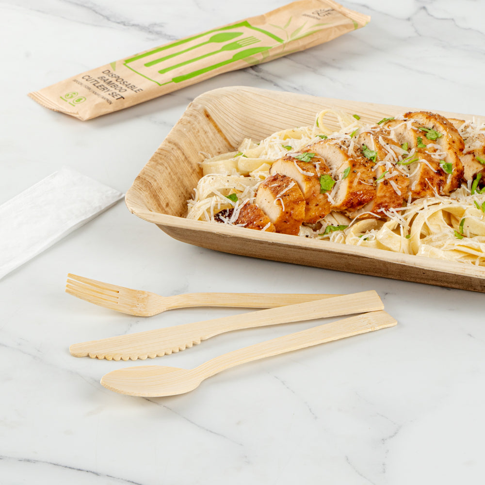 Bambuddha Natural Bamboo Disposable Cutlery Set - with White Napkin and Kraft Paper Pouch - 7" - 500 count box