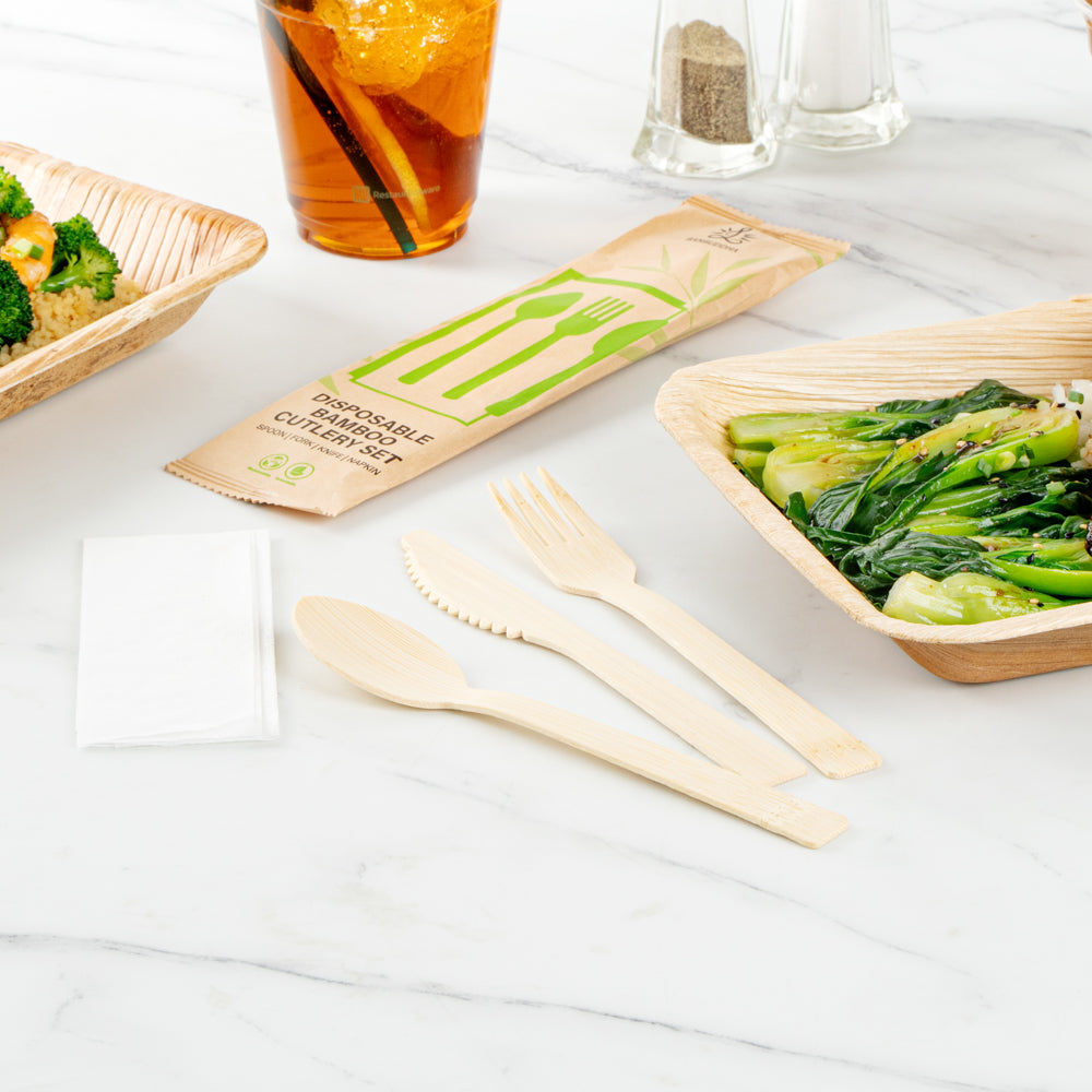 Bambuddha Natural Bamboo Disposable Cutlery Set - with Kraft Paper Pouch - 7" - 50 count box