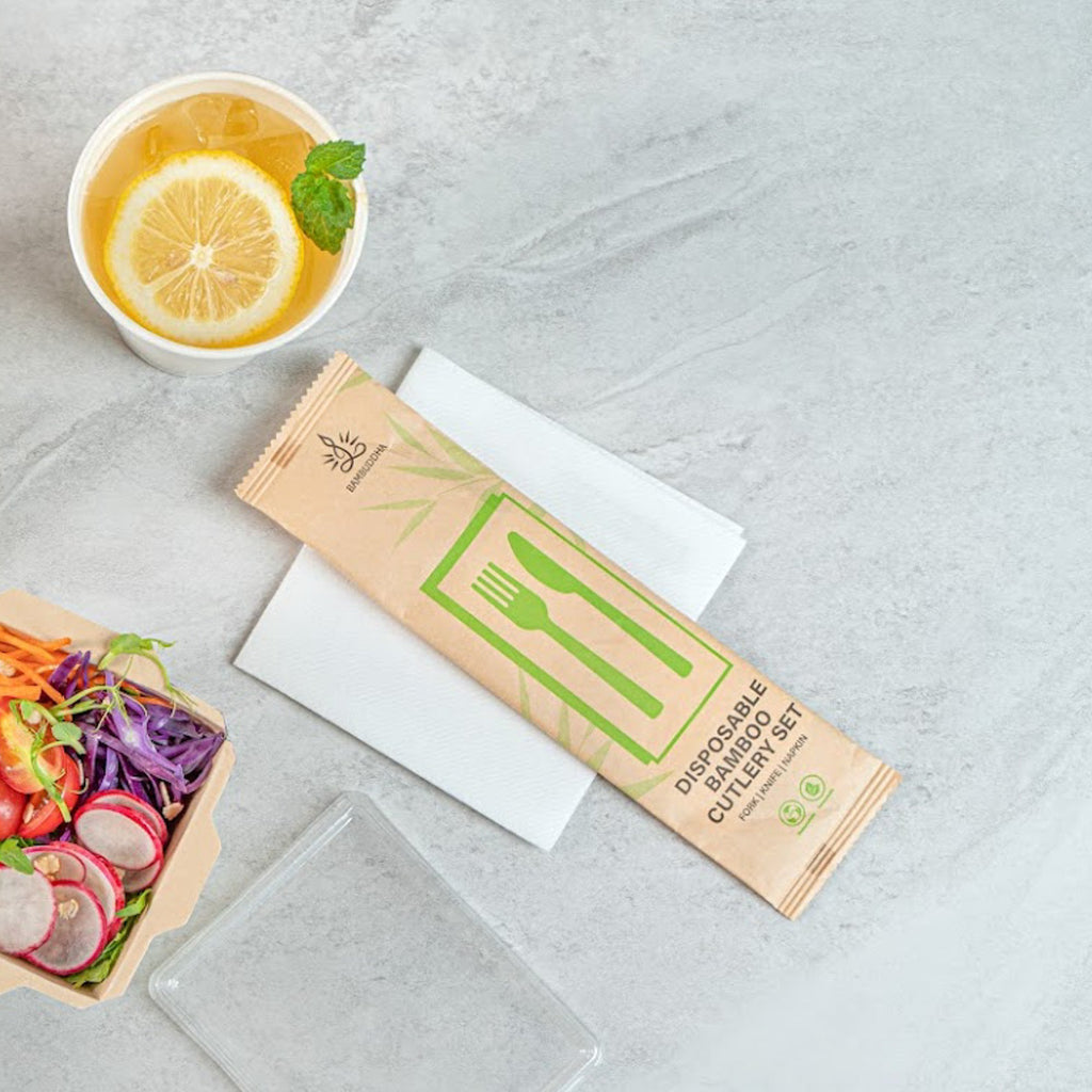 Bambuddha Natural Bamboo Disposable Cutlery Set - with Kraft Paper Pouch - 7" - 50 count box