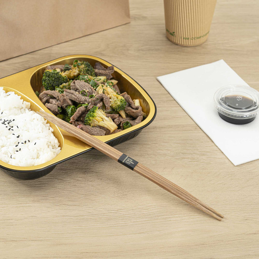 Bambuddha Brown Bamboo Contour Chopsticks - with Paper Band - 9 1/2" - 100 count box