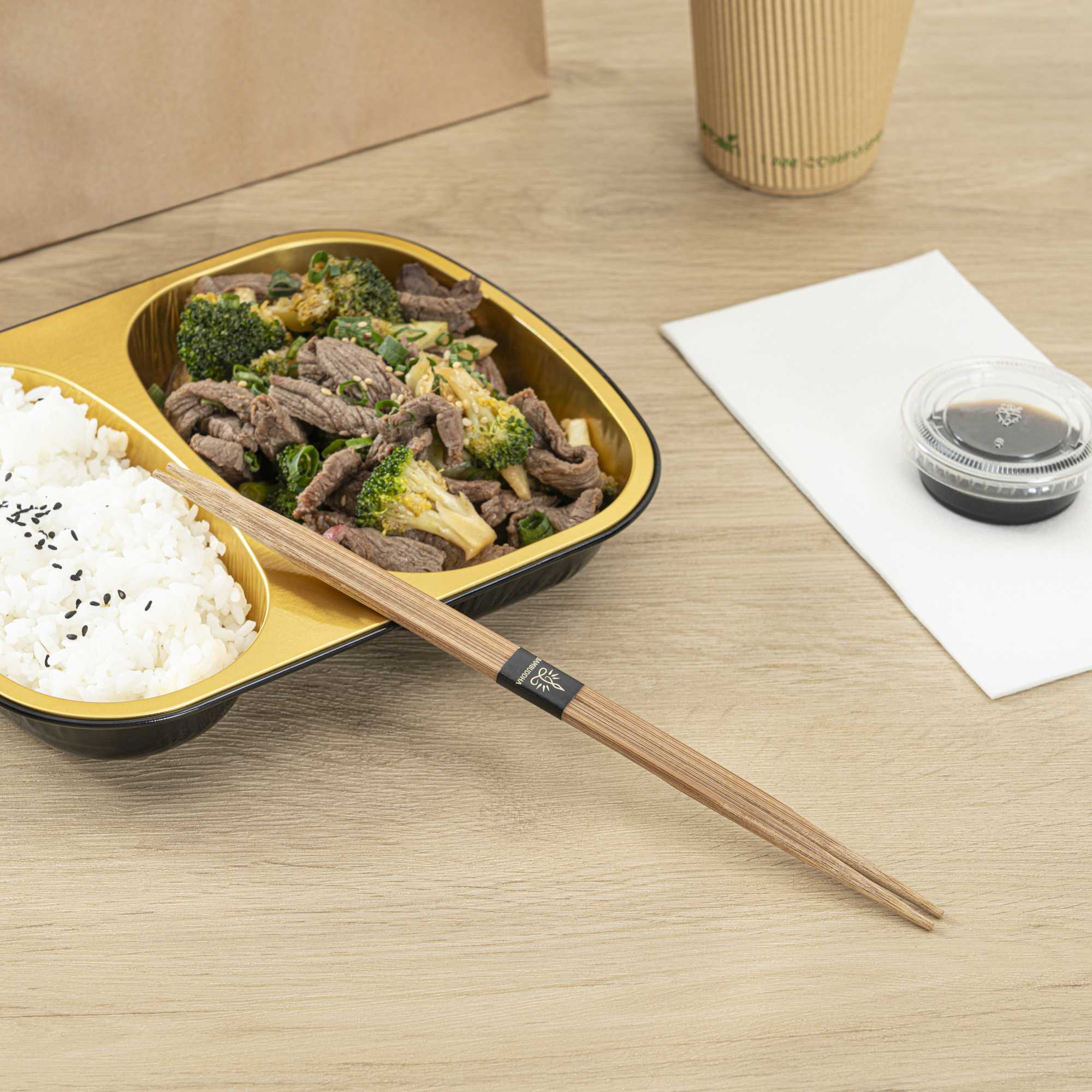 Bambuddha Brown Bamboo Contour Chopsticks - with Paper Band - 9 1/2" - 100 count box