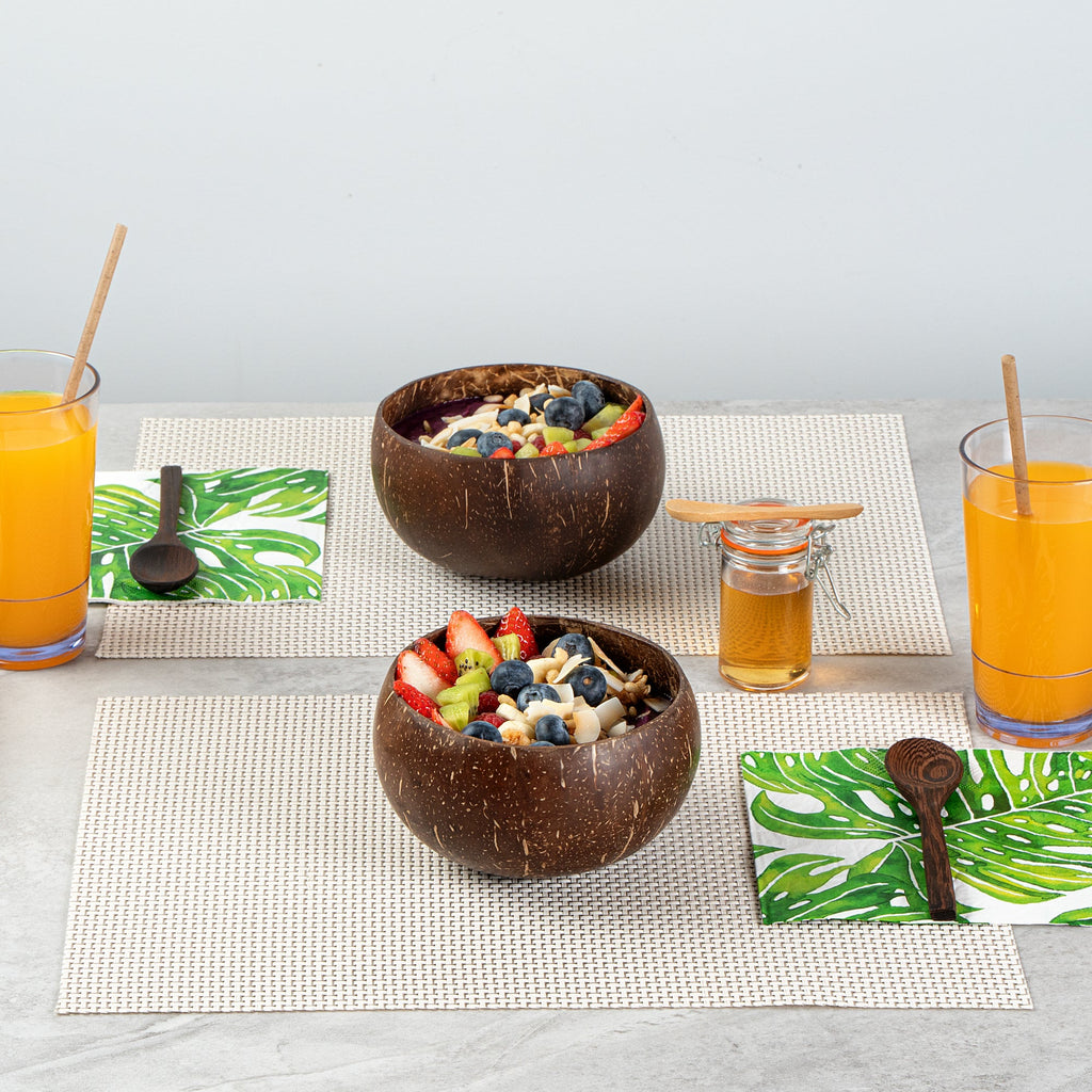 Coco Casa 4-Piece Handmade Coconut Bowl and Wooden Spoon Set - 10 count box