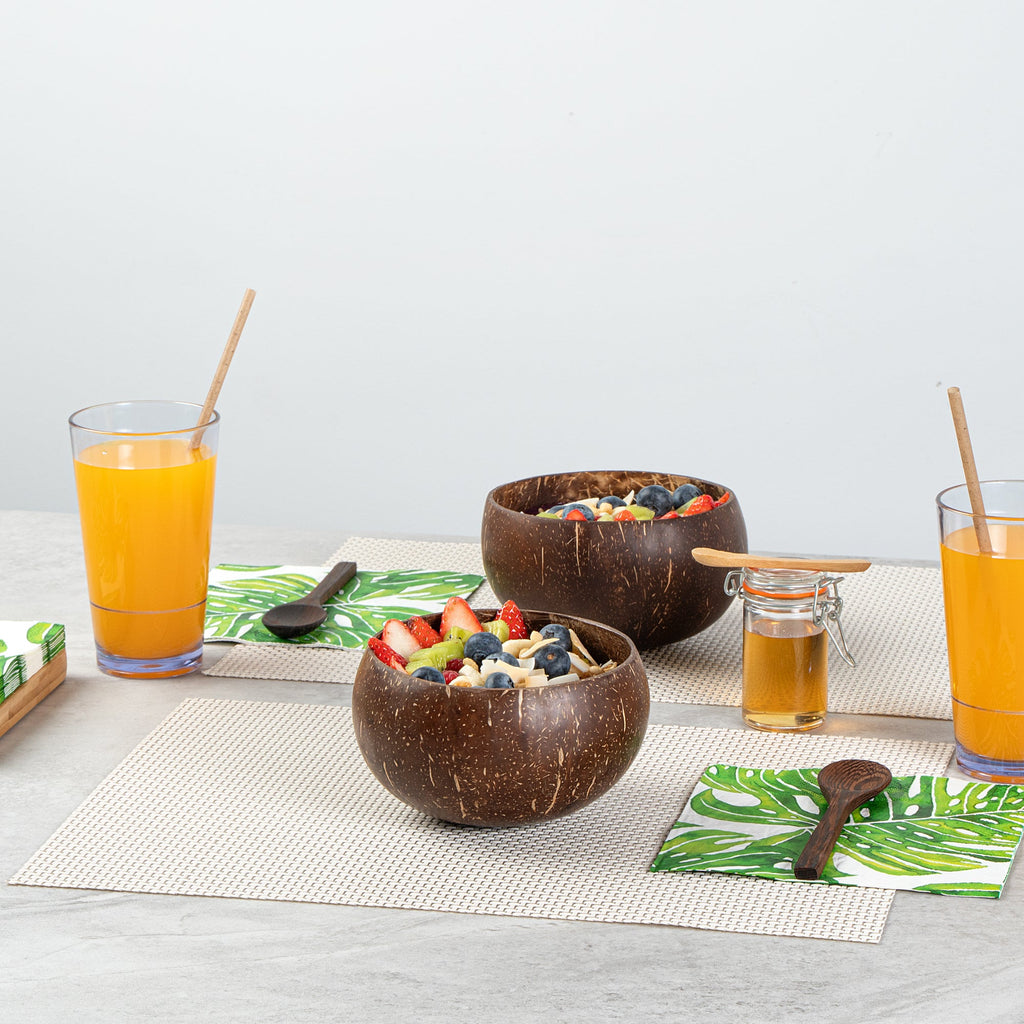 Coco Casa 4-Piece Handmade Coconut Bowl and Wooden Spoon Set - 10 count box