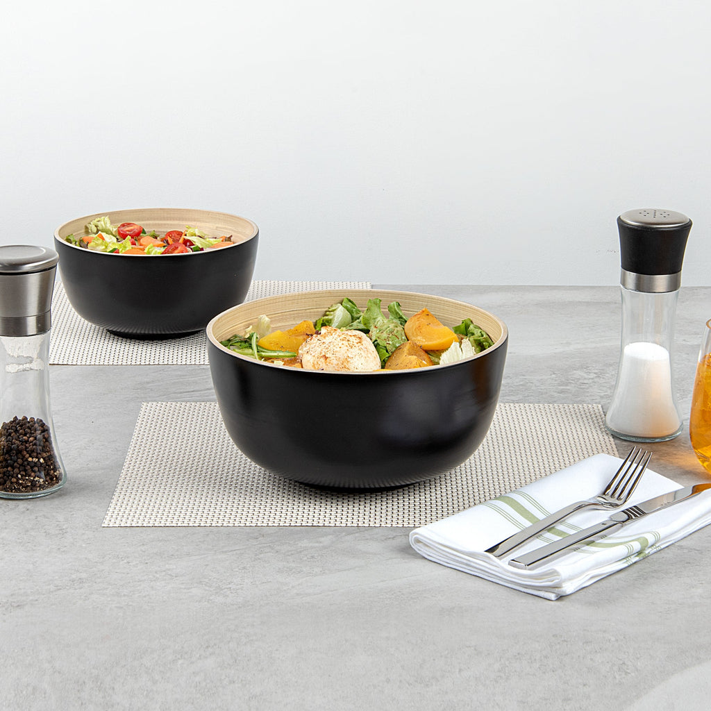Bambuddha 25 oz Round Black Spun Bamboo Medium Salad Bowl - 9 1/2" x 9 1/2" x 4 3/4" - 1 count box