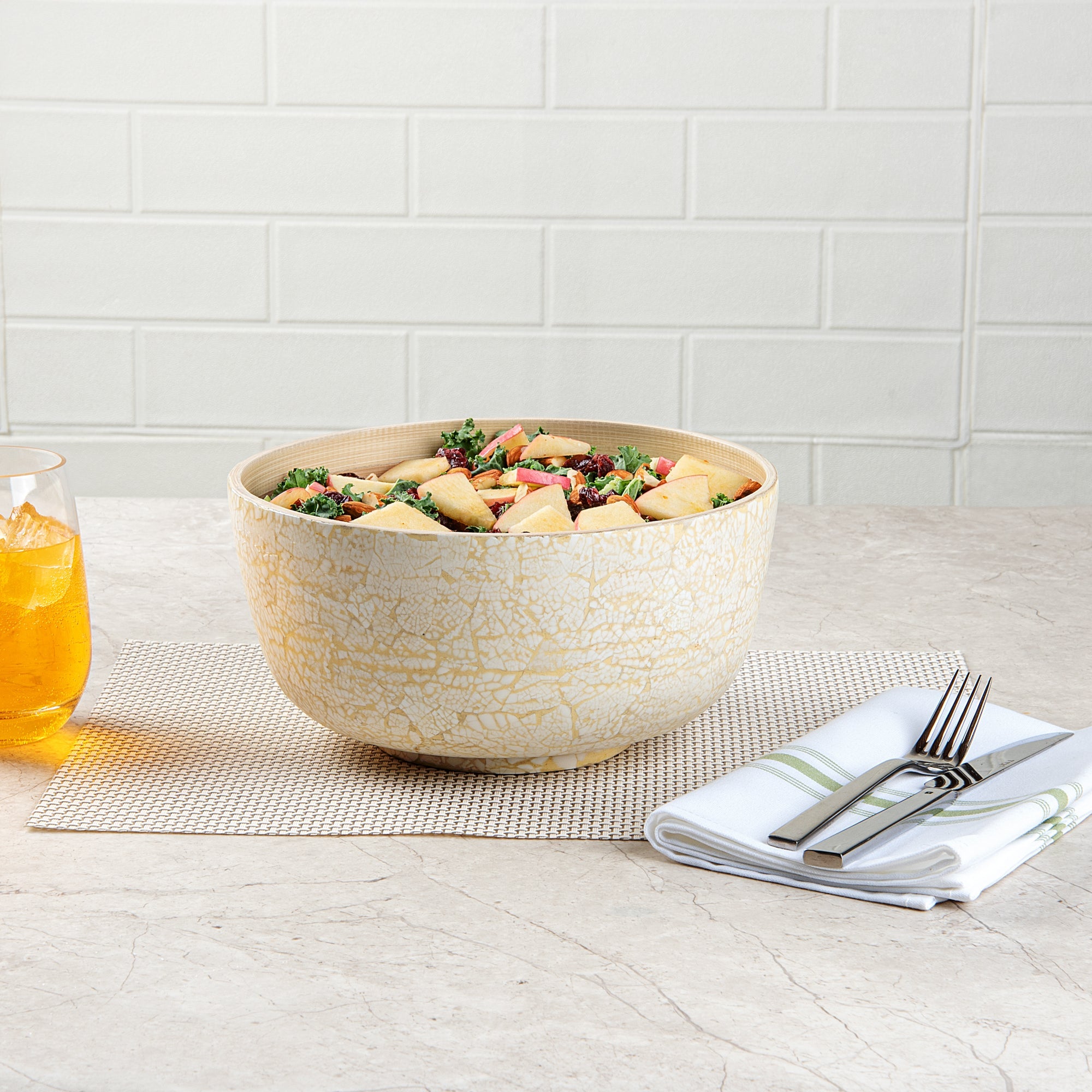 Bambuddha 25 oz Round Beige Spun Bamboo Medium Eggshell Salad Bowl - 9 1/2" x 9 1/2" x 4 3/4" - 1 count box