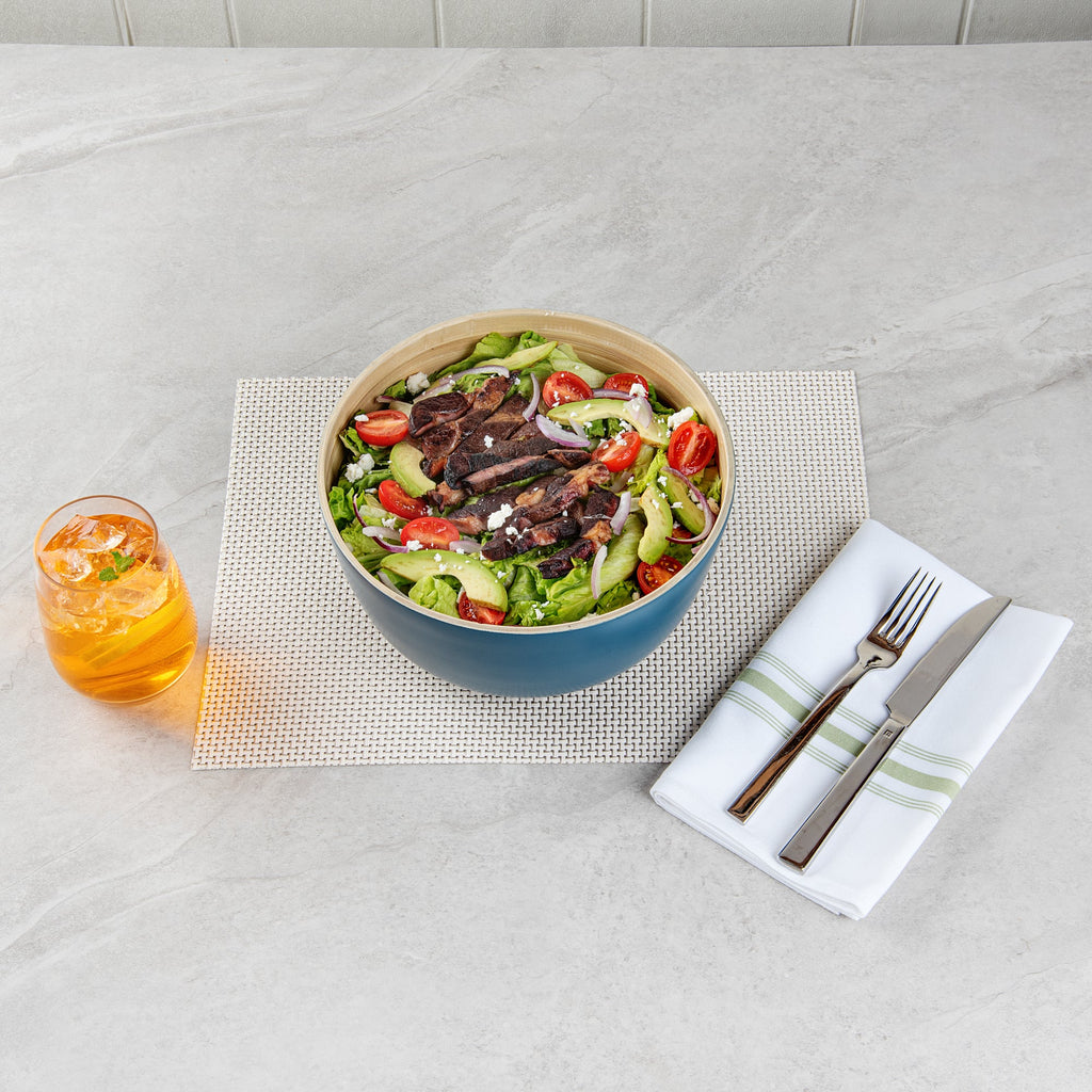 Bambuddha 25 oz Round Blue Spun Bamboo Medium Salad Bowl - 9 1/2" x 9 1/2" x 4 3/4" - 1 count box